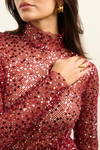 Claudia Fish-net Turtle Neck - Cherry Sequin