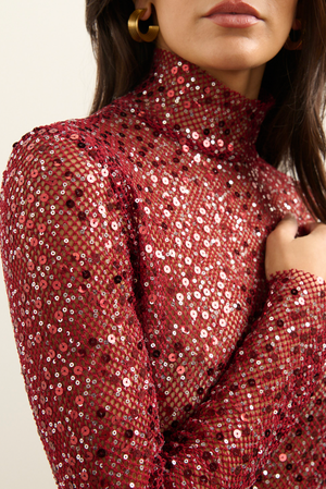 Claudia Fish-net Turtle Neck - Cherry Sequin