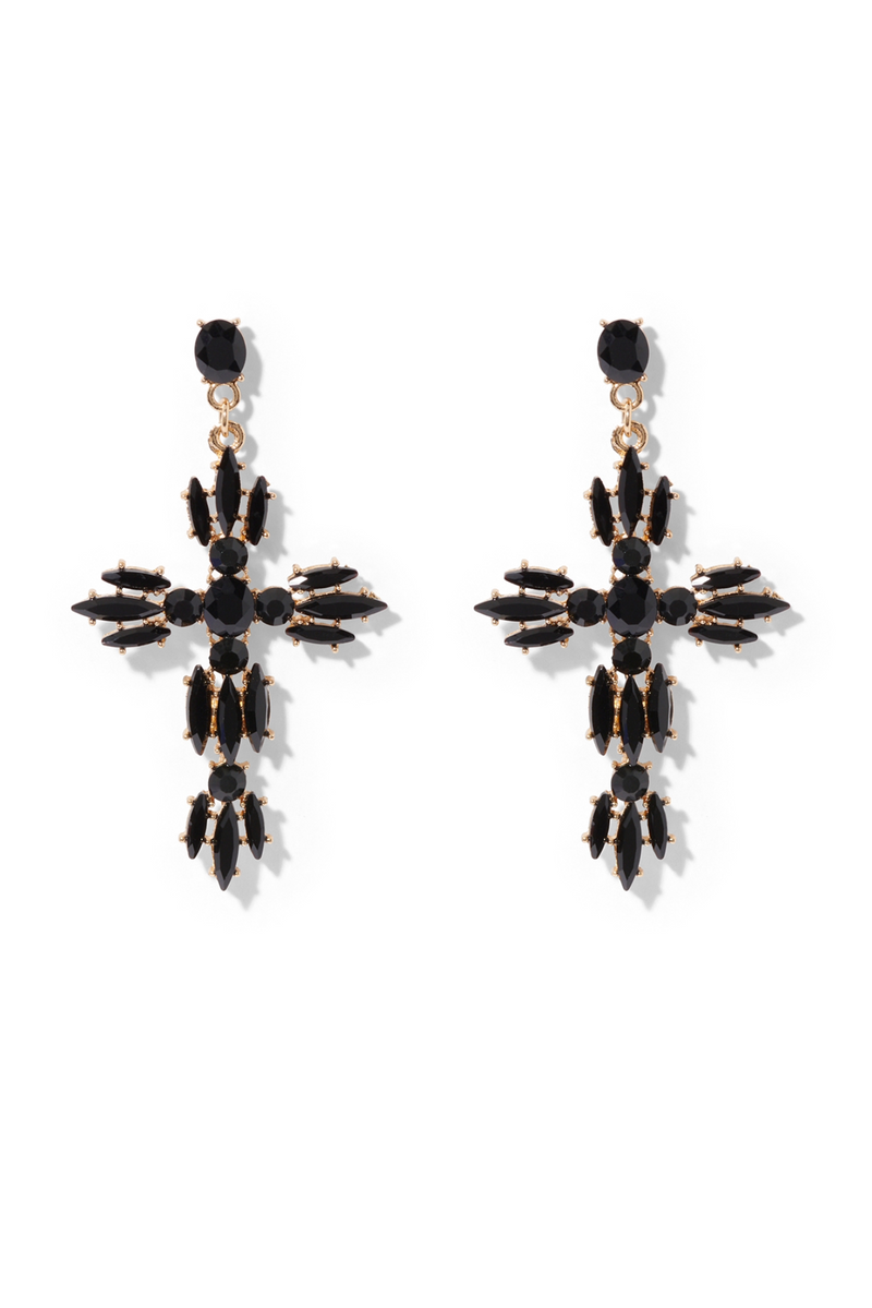 Crystal cross drop earrings - black